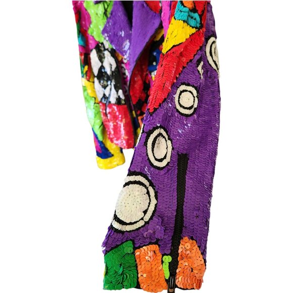 Sequin Moto Jacket Women's Neon Multicolor OOAK Zipper Front100% Silk Sz Medium - Picture 10 of 17